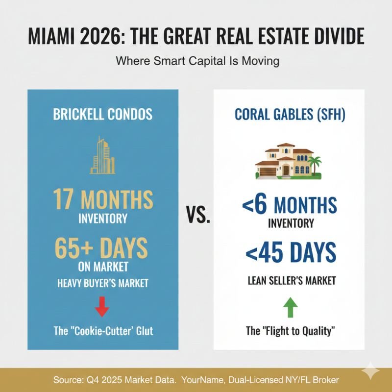 Comparison of Miami real estate markets in 2026 showing Brickell condos versus Coral Gables single-family homes, with higher inventory and longer days on market in Brickell and lower inventory with faster sales in Coral Gables.